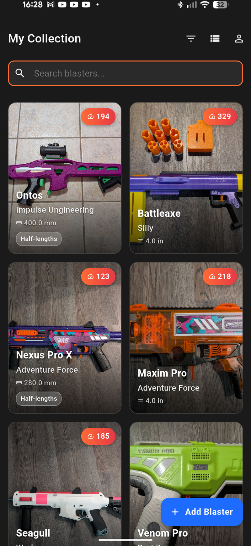 BlasterScribe catalog tile view showing grid of blasters with search functionality